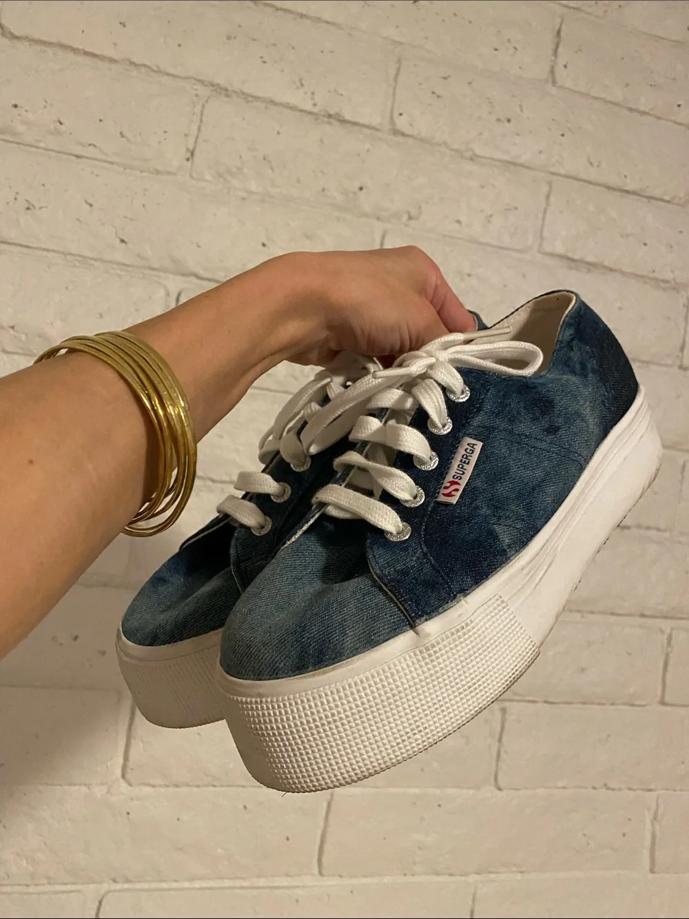 🌼 Superga Denim Lace-Up Platform Sneakers in Dark Blue Excellent Condition